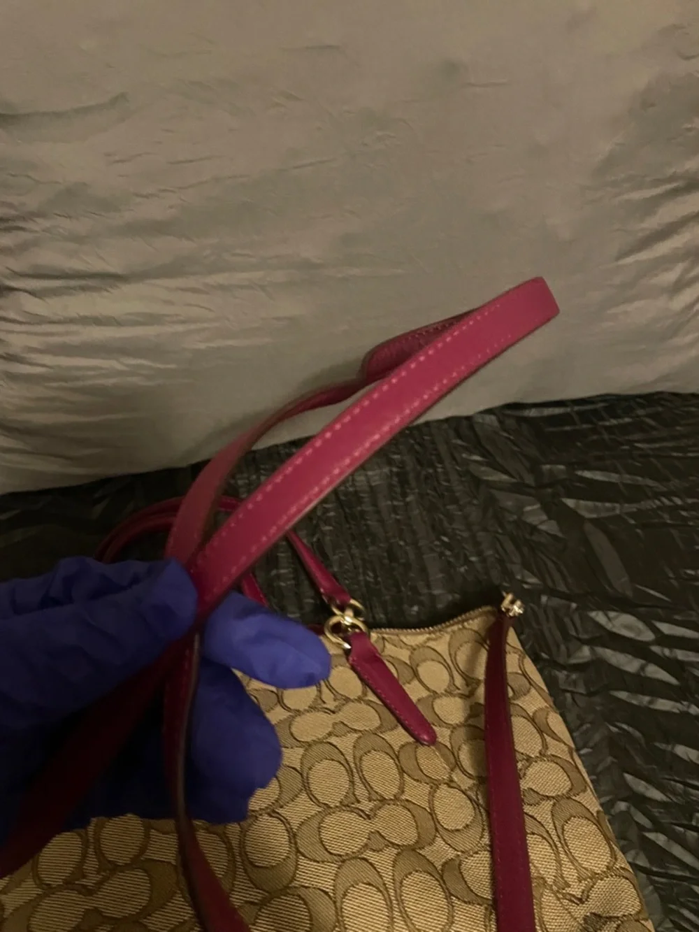 Coach Brown Signature Canvas Shoulder Bag with Raspberry Trim - Picture 10 of 17